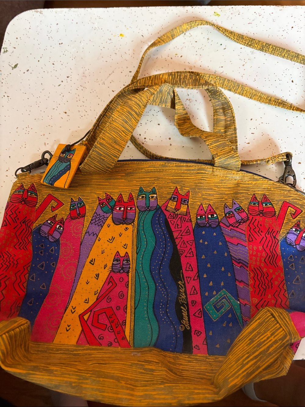 Colorful Cat-Print Canvas Tote Bag in Mustard Yellow - Laurel Burch